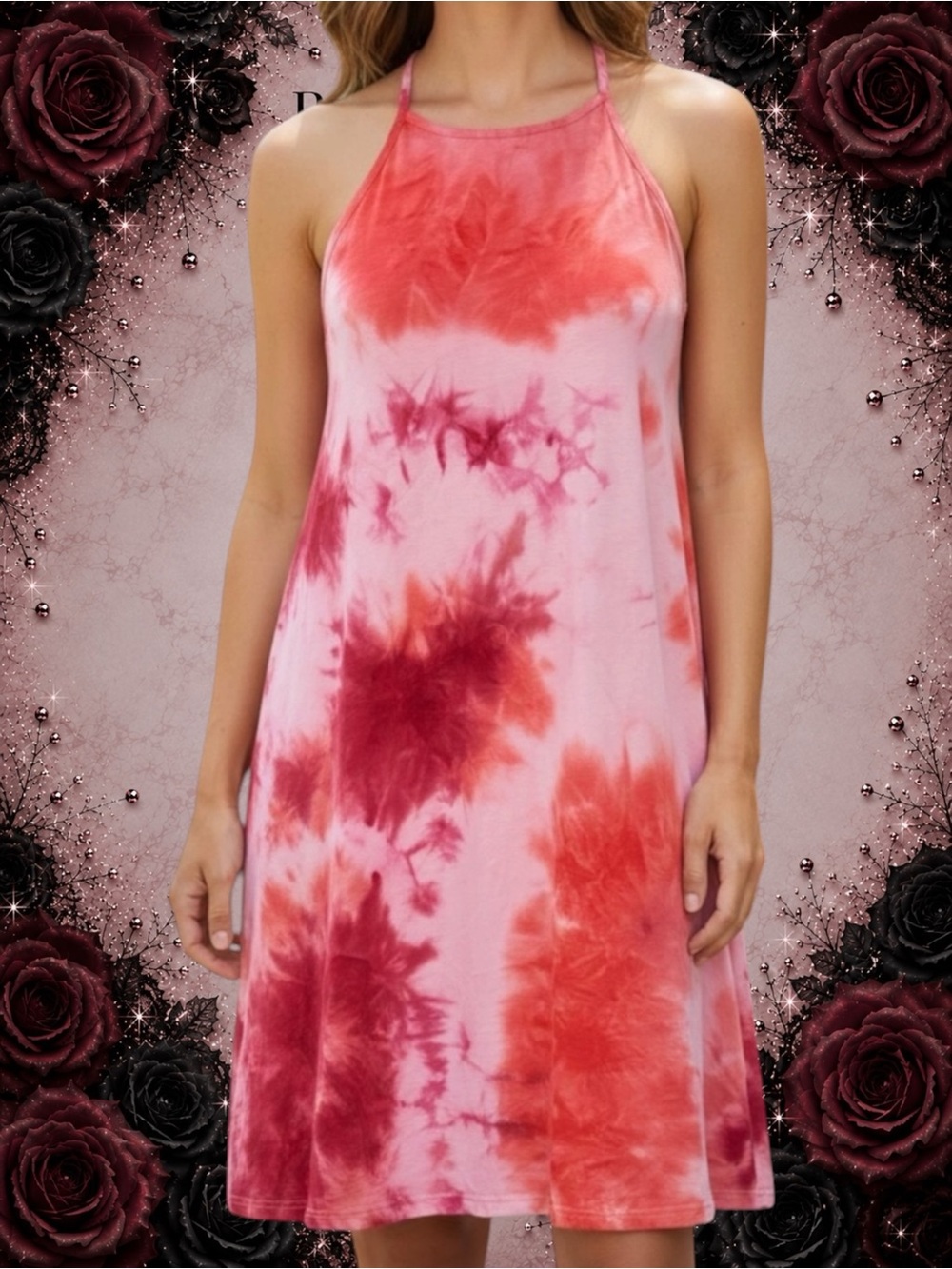 Preowned Wallflower Red Pink Tie Dye Halter Dress Tassel Tie Back Sleeveless Siz